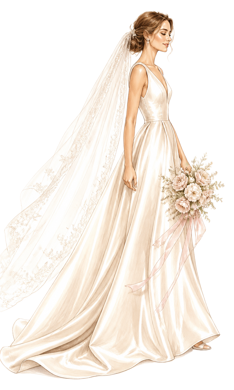 Illustration of the bride in an ivory gown walking toward the centre