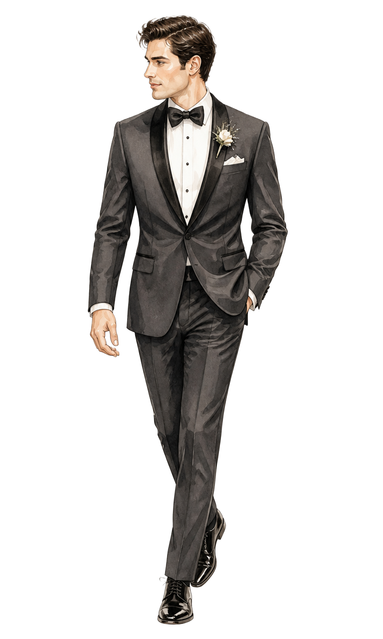 Illustration of the groom in a charcoal tuxedo walking toward the centre
